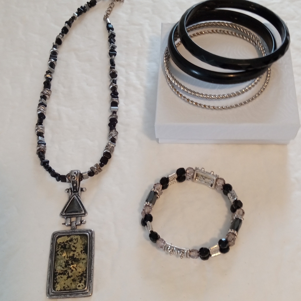 Laura Ashley Black and Silver Beaded Necklace with Pendant